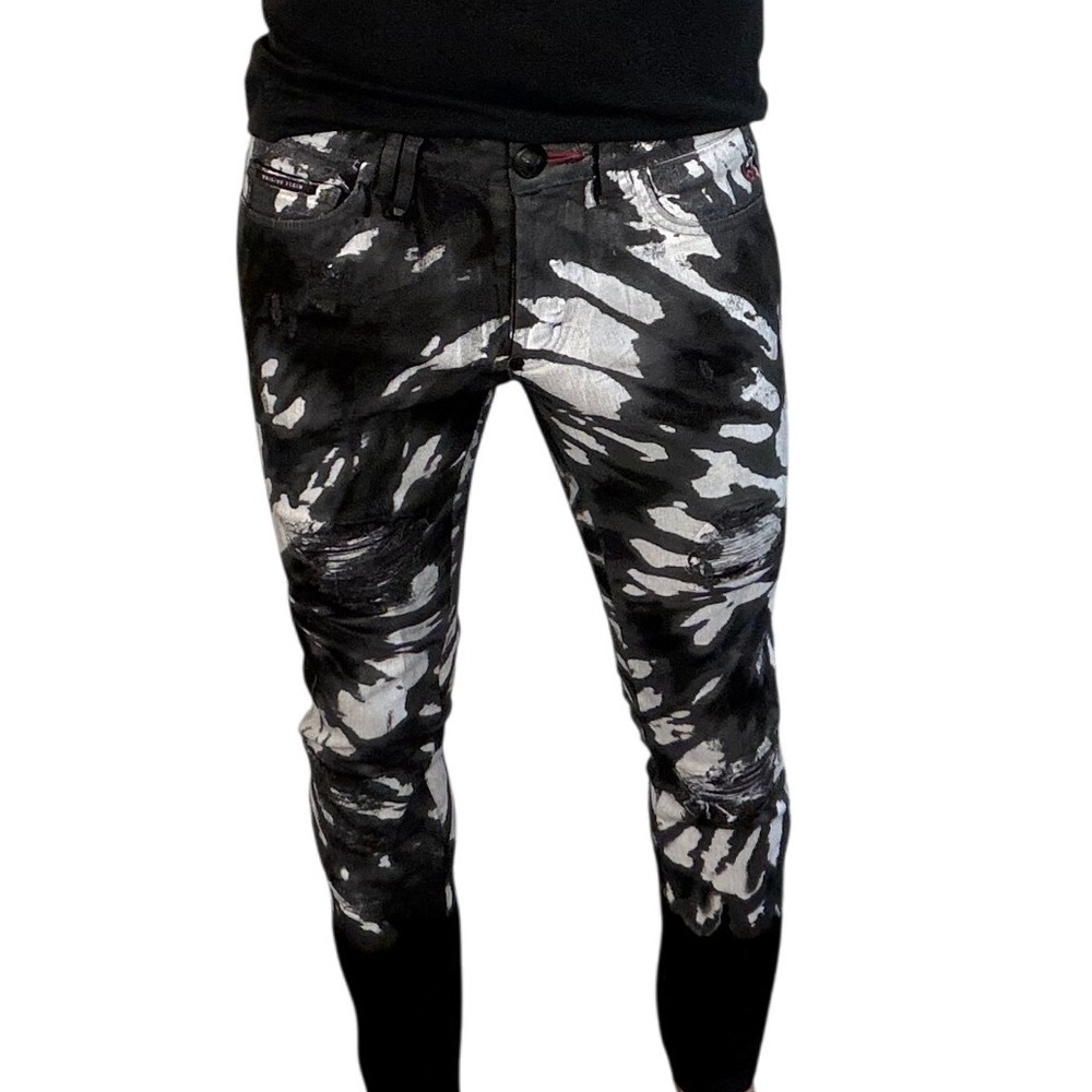 Philipp Plein Super Straight Cut Black White Tie-Dye Jeans Sz 30 | Rare Capsule‎